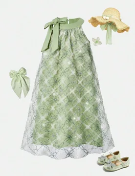 Vestido floral sin mangas con corbata de cuello para niñas, color verde, adecuado para fiestas, vacaciones y uso diario 8Y - Shein - FashionsVida