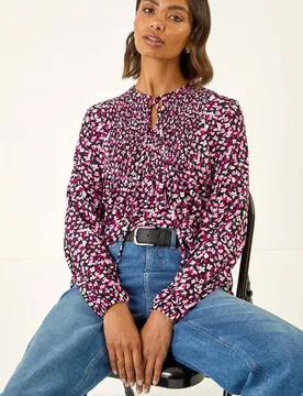 Women's Printed Shirred Tie Neck Top Size: 14 - Multicolor - Size: 14 - Roman - FashionsVida