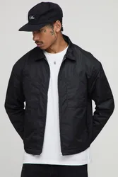 Mens Oversized Embroidered Padded Nylon Overshirt - Black - Size Medium