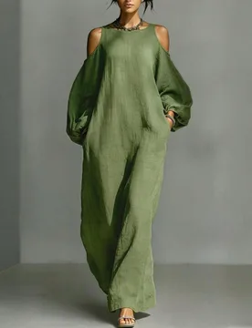 Vestido maxi verde holgado de manga de linterna para mujer, vestido largo suelto de hombros descubiertos con bolsillo, de estilo vintage sólido, para - Shein - FashionsVida