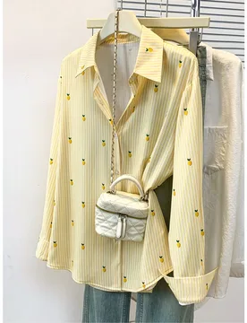Blusa de mujer de manga larga con cuello de camisa a rayas y estampado de limones, top casual para trabajo, oficina, transporte, vacaciones, hogar, pr - Shein - FashionsVida