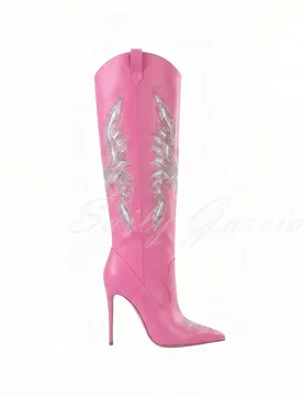 Retro Embroidered Diamond Large Western Cowboy Boots Winter New Blue Denim Pointed Toe Stiletto Heel Slip On Knee High Boot - Aliexpress - FashionsVida