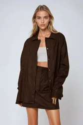 Womens Faux Suede Button-Up Shirt - Chestnut - Size Small