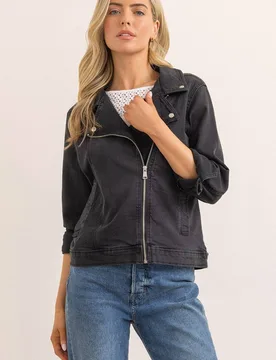 Women's Cotton Blend Stretch Biker Jacket in Black Size: 20 - Black - Size: 20 - Klass. - FashionsVida