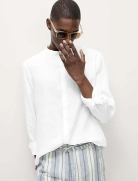 Pure Linen Grandad Collar Shirt White male - M&S - FashionsVida