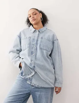 Womens Curve Denim Overshirt In Lightwash Blue - Sky Blue - Size Eu 48 (Womens) - Noisy may - FashionsVida