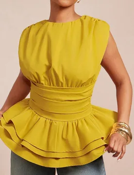 Top con cuello redondo sólido tejido, con volantes, sin mangas y con dobladillo de peplum en capas XXL - Shein - FashionsVida