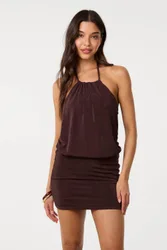 Women's Brown Acetate Halter Neck Dress Size: Large - Brown - Size: L