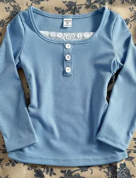 Camiseta de manga larga casual de otoño con patchwork de encaje para niña joven - Shein - FashionsVida