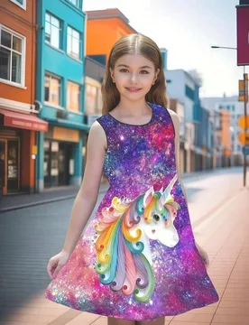 Vestido elegante y casual para niñas con estampado 3D de unicornio y cielo estrellado, lindo, adecuado para vacaciones, fotografía y fiestas - Shein - FashionsVida