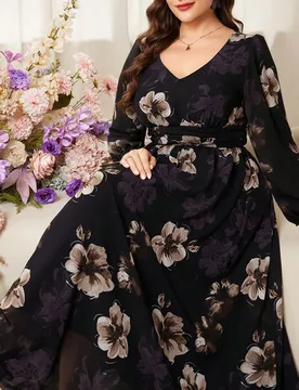 Vestido maxi de talla grande con estampado floral romántico de gasa de manga larga y corte evasé, primavera/verano 3XL - Shein - FashionsVida