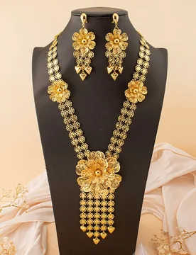 K Golden Plated Long Chain Necklace And Earrings Set New Bridal Wedding Jewelry For Grand Parties And Extravaganzas - Aliexpress - FashionsVida