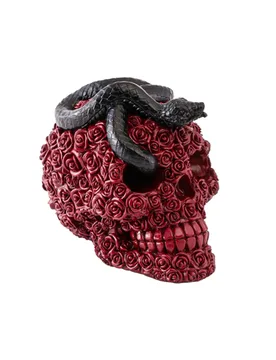 Totenkopf aus Kunstharz mit roten Rosen und schwarzer Schlange 10,5 x 15 x 13 cm - CHAKS - FashionsVida