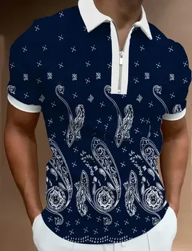 Men’s Floral Plant Print Short-Sleeved Polo Shirt Collar Regular Fit Zip Up Polo Shirt - Aliexpress - FashionsVida