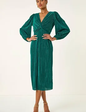 Women's Plisse Twist Front Midi Dress in Green Size: 18 - Green - Size: 18 - Roman - FashionsVida