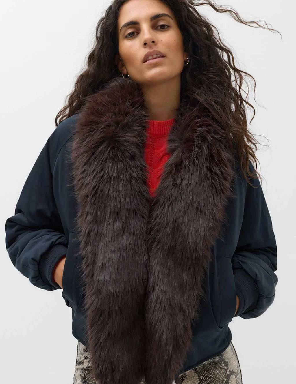 Faux Fur Scarf Flight Bomber Jacket Midnight Navy female - M&S - FashionsVida