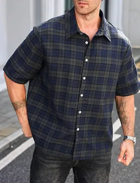 Camisa de manga corta con una sola hilera de botones a cuadros para hombres de talla grande, para el verano 3XL - Shein - FashionsVida