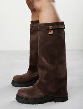Women's 'Faline' Fold-Over Knee-High Boots with Platform Sole in Dark Brown Size: 8 - Dark Brown - Size: 8 - Where's That From - FashionsVida
