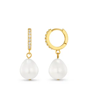 Pearl Drop Pavé Huggie Hoop Earrings - Gold - Orelia London - FashionsVida