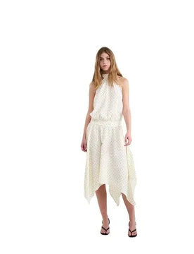 Vestito Lungo Senza Maniche 3000053 Halter Polka Dots Ecru M - Balmohk - FashionsVida
