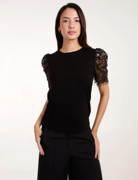 Lace Mesh Sleeve T-Shirt - S / BLACK - female - Blue Vanilla - FashionsVida
