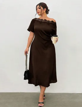 Vestido casual de fiesta para mujer talla grande con patchwork de encaje y cuello asimétrico 1XL - Shein - FashionsVida