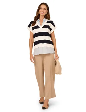 Women's Rugby Striped V-Neck Vest Twofer Sweater with Woven Combo in Navy Size: Small - Navy - Size: S - Adrianna Papell - FashionsVida