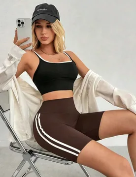 Shorts de yoga de cintura alta para mujer, leggings de fitness con bloques de color y patchwork, levantamiento de glúteos, control de abdomen, moldea - Shein - FashionsVida