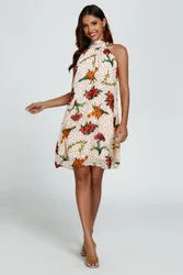 Women's Floral Print Halter Neck Tie Back Mini Dress In Off-White in Beige Size: Medium - Beige - Size: M