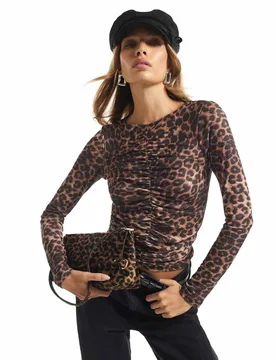 Leopard Print Ruched Front Top Brown Mix female - River Island - FashionsVida