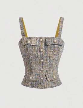 Top corto de mujer con cierre de botón delantero y hebilla metálica decorativa, elegante, para trabajo/oficina L - Shein - FashionsVida