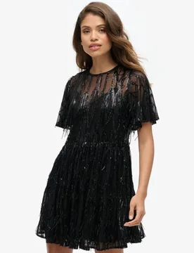 Superdry Damen Minikleid aus Netzstoff mit Gestuftem Volumen Schwarz - Größe: 36 - 149.99 - FashionsVida
