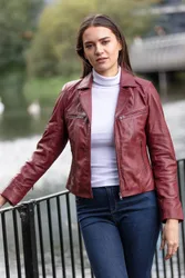 Women's 'Eva' Leather Biker Style Jacket Coat in Burgundy Size: 14 - Burgundy - Size: 14