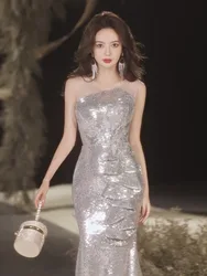 Sequined fishtail high-end light luxury niche hosting banquets adult heavy industry dress