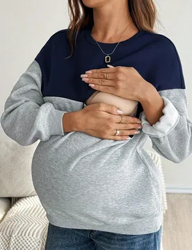 Sudadera casual de otoño y invierno para embarazadas, con cuello redondo, hombros caídos, manga larga y forro térmico, en estilo de bloques de colo - Shein - FashionsVida