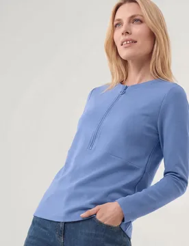 Shirt mit Reißverschluss, normale Größen, Farbe Blau, 36, hochwertiger Interlock raffiniert: der Reißverschluss Damen - Walbusch - FashionsVida