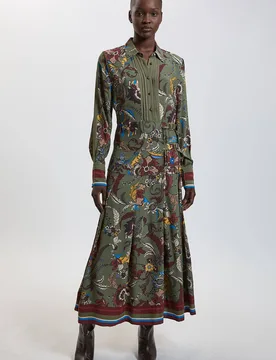 Women's Floral Print Belt Detail Viscose Midi Shirt Dress in Khaki Size: 12 - Khaki - Size: 12 - Karen millen - FashionsVida