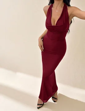 Vestido largo elegante de mujer de malla color burdeos con cuello drapeado, vestido ajustado de cuello halter con escote en V profundo, atuendo de fie - Shein - FashionsVida