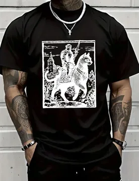 Medieval Knight&Cat Graphic with Knight on Horseback&Castle design-100% cotton O-neck short sleeve printed men's T-shirt - Aliexpress - FashionsVida