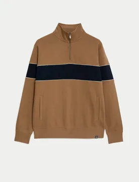 Pure Cotton Colour Block Half Zip Sweatshirt Light Brown male - M&S - FashionsVida