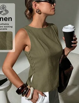 Camisa blanca de lino sin mangas, ajustada, con botones de nudo de bambú, estilo vintage para oficina L - Shein - FashionsVida
