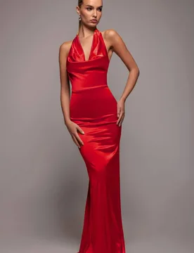Women's Halter Cowl Neck Back Maxi Dress in Red Size: 14 - Red - Size: 14 - Goddiva - FashionsVida