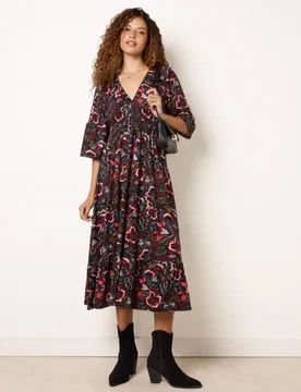 V Neck Elasticated Midi Dress - S/M / MULTI - female - Blue Vanilla - FashionsVida