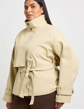 Womens Plus Funnel Neck Belted Trench Coat - Beige - Size 24 Uk - Boohoo - FashionsVida
