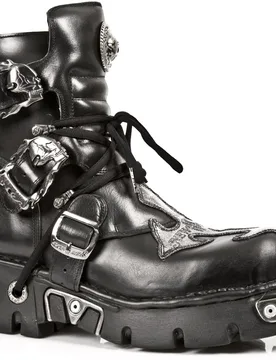 Unisex Silver Cross Black Leather Biker Boots-407-S1 - Size Eu 38 - New Rock - FashionsVida