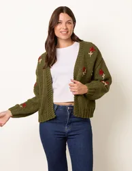 Flower Embroidery Detailed Cardigan - S/M / KHAKI - female