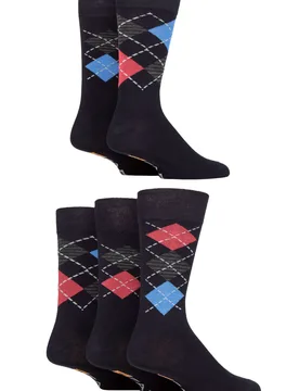 Mens 5 Pair Argyle, Patterned and Striped Bamboo Socks Navy / Blue / Berry Argyle 6-11 Mens - Blue - Size: 6-11 Mens - Farah - FashionsVida