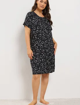 Women's Heart Print Placket Nightdress in Black Size: 34-36 - Black - Size: 34-36 - Yours - FashionsVida