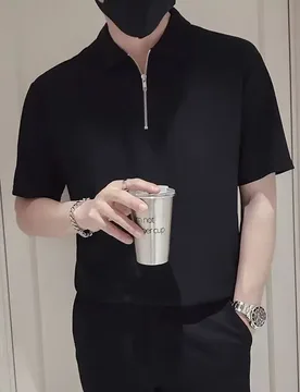 Men Polo Shirts T-shirt Lapel Short Sleeve Half Zipper Korea New Menswear Tops Solid Color Business Casual Tees Black White Tees - Aliexpress - FashionsVida