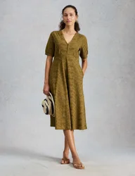 Pure Cotton Jersey Embroidered Midi Dress Olive female